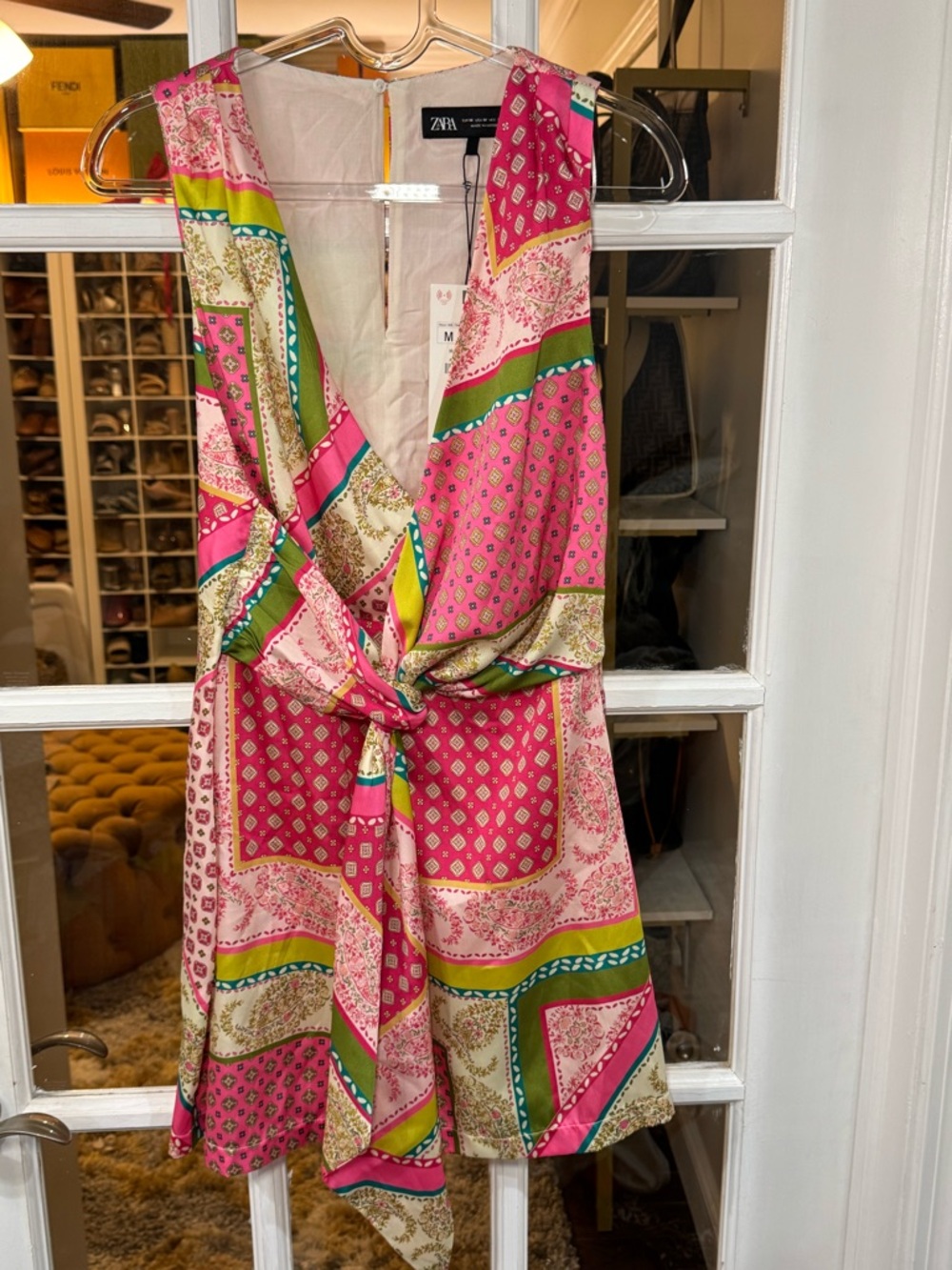 Zara Pink Multicolor patchwork, print dress satin V-neck - Picture 2 of 7